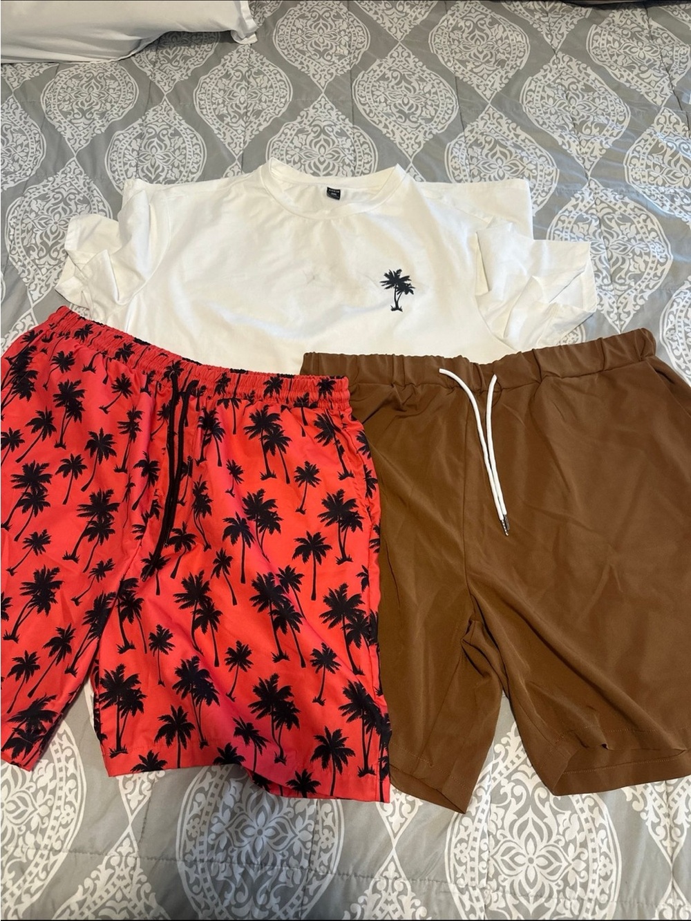 SHEIN White Palm Tee with Red Palm-Print and Brown Swim Shorts
